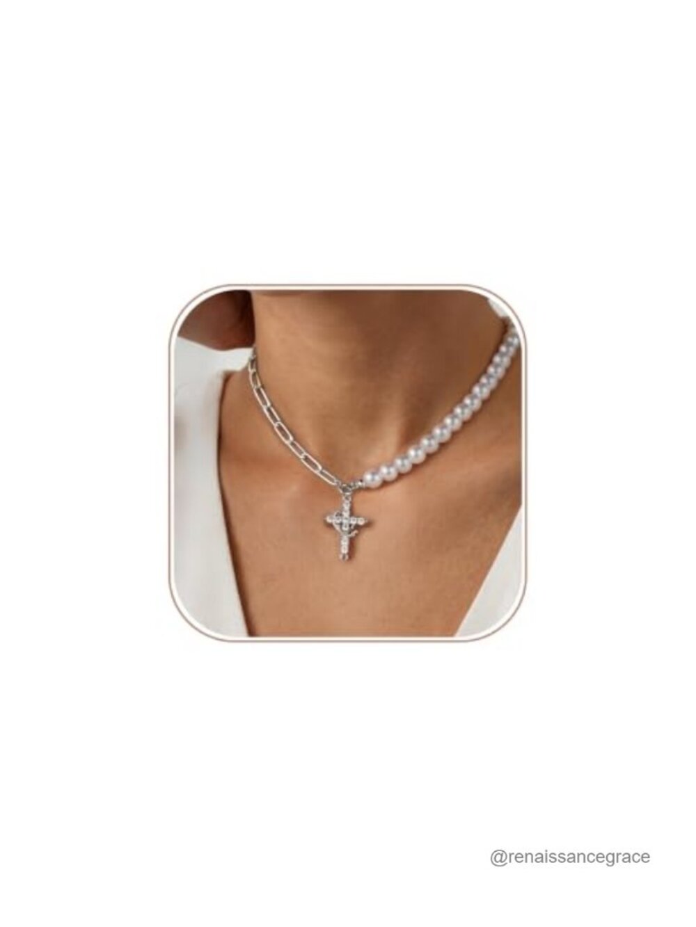 14K Gold Plated Pearl Paperclip Chain Necklace Cross Pendant Women